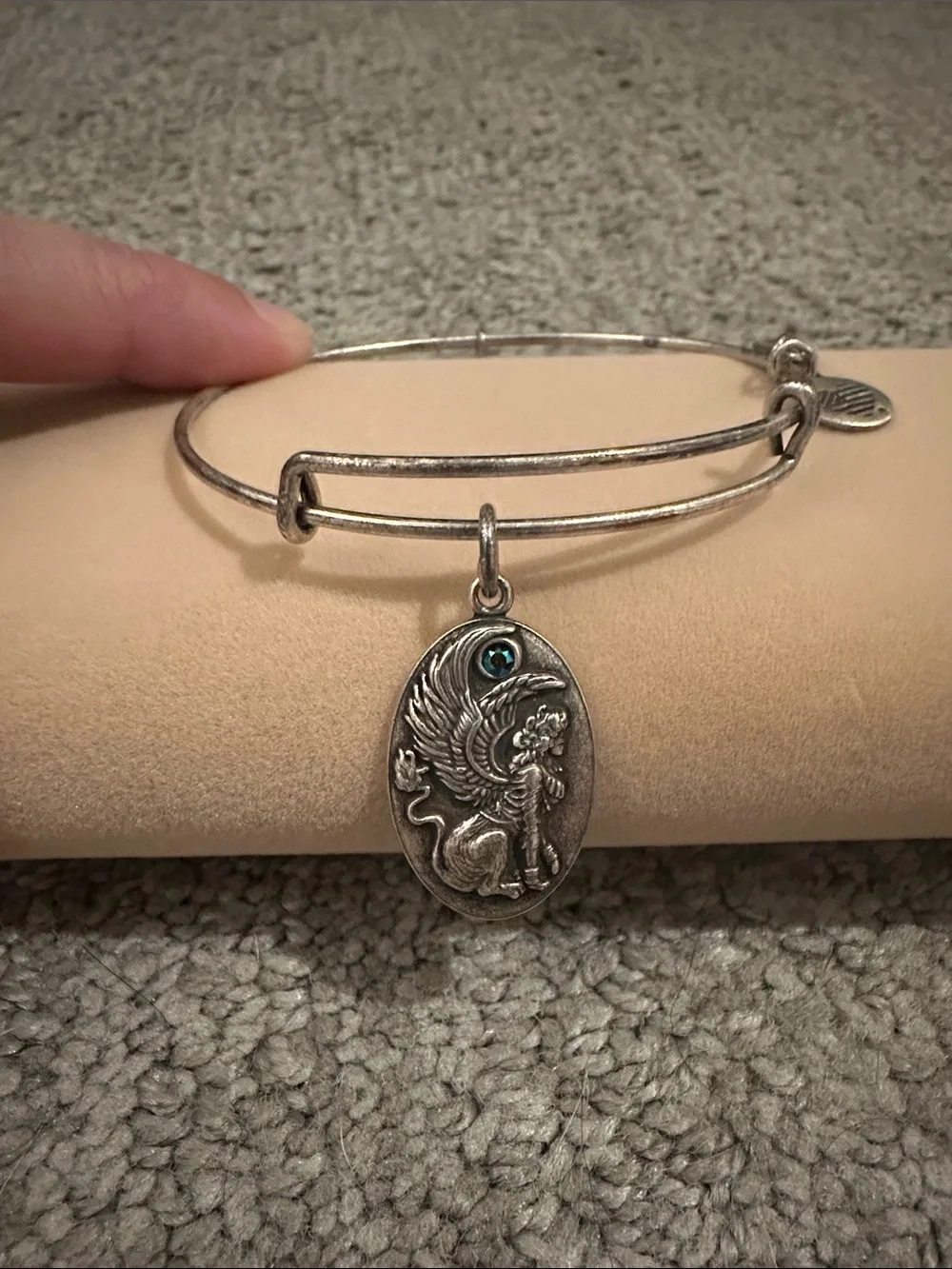 Alex and Ani Silver-Tone Winged Lion Oval Charm Bracelet with Blue Accent